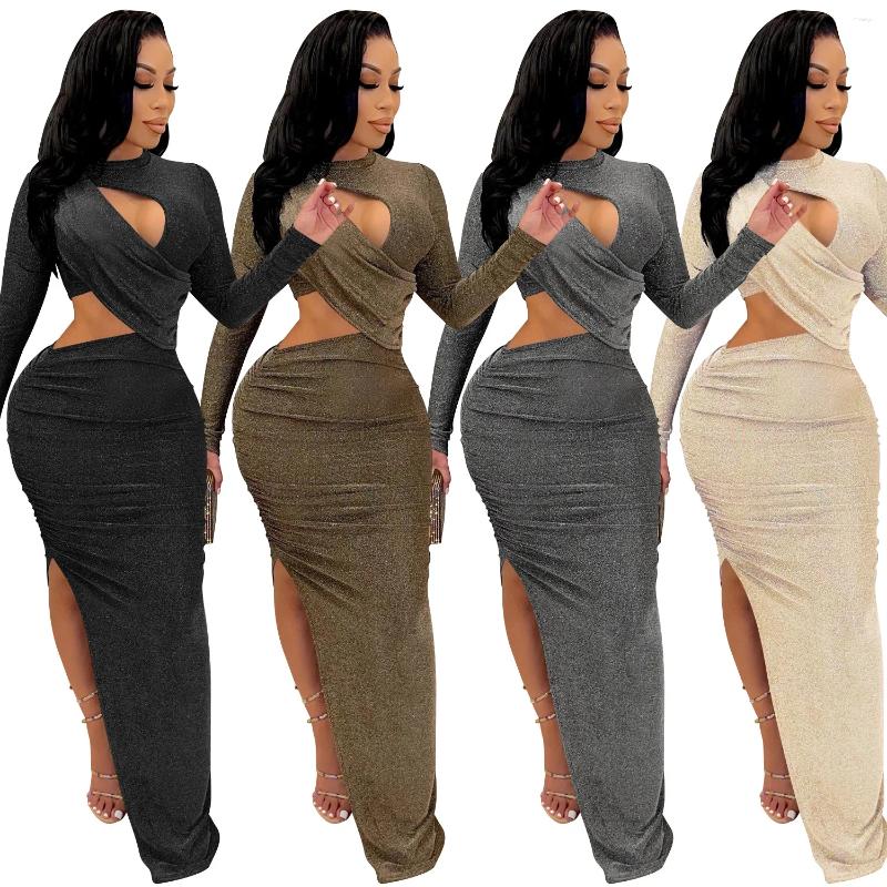 Casual Dresses Style Solid Round Neck Long Sleeves Hollow Slit Sexy Party Dress Elegant Lady Birthday Year Nightclub Gowns