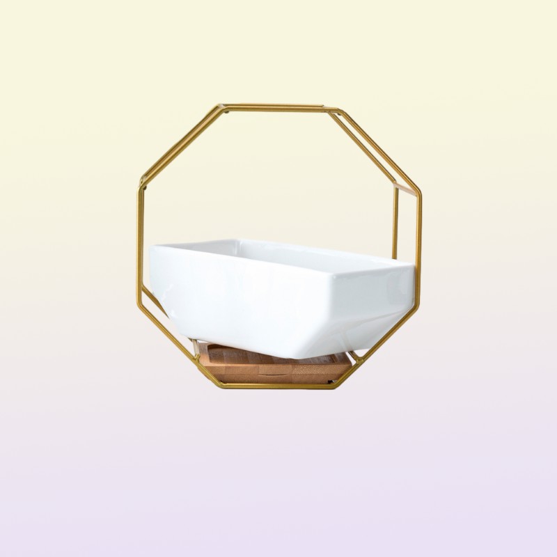 Hanging Succulent Flower Pots Ceramic Flowerpots Stand Holder Black Gold Iron Rack Bamboo Tray Desktop Geometric Cactus Planter Y28145728
