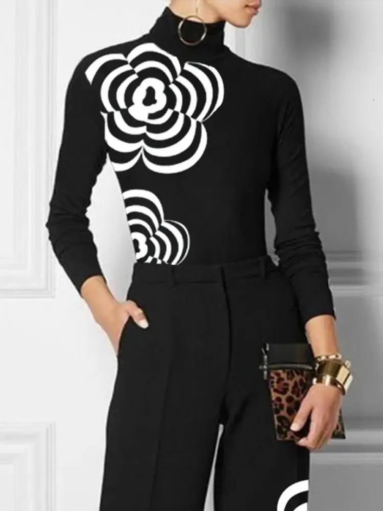 Yeezzi Women Fashion Flower Print High Neck Zipper Skinny T Shirts 2023 Spring Autumn Long Sleeves Casual Basic Black Tops 231227