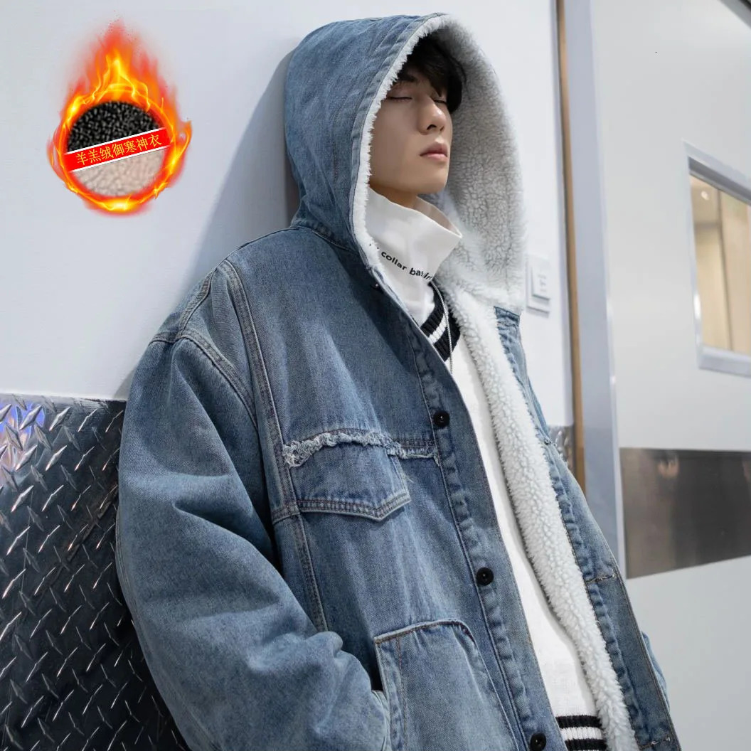 Men Winter Fleece Hooded Jean Jackets Blue Cowboy Outerwear Thick Warm Denim Coats Big Pockets Jacket Plus Size 4XLS 231227