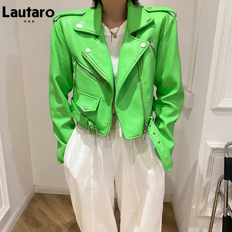 Lautaro Y2k Short Green Gecko Biker Leather Jacket Long Sleeve Zipper Belt Colored Stylish Outerwear for Women Fashion 231227