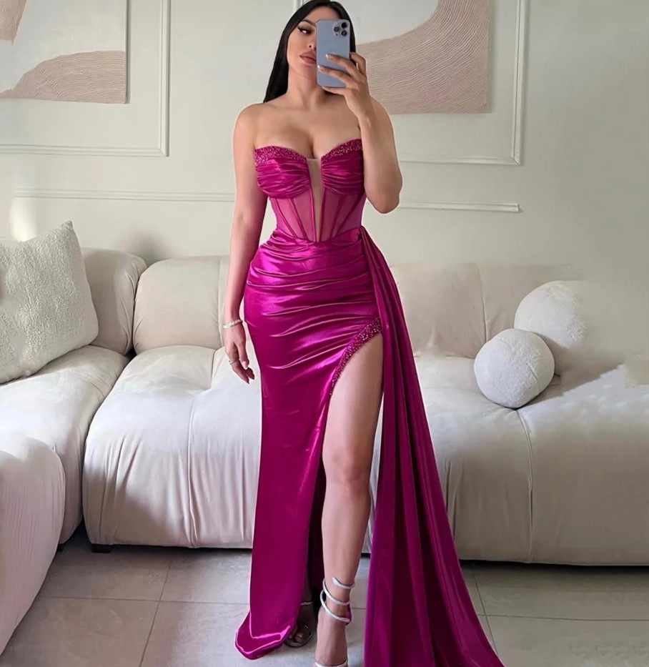 Sexy Fuchsia Mermaid Evening Dress 2024 Sweethart Beading Side Split Satin Floor Length Formal Party Prom Gowns Robe De Soiree