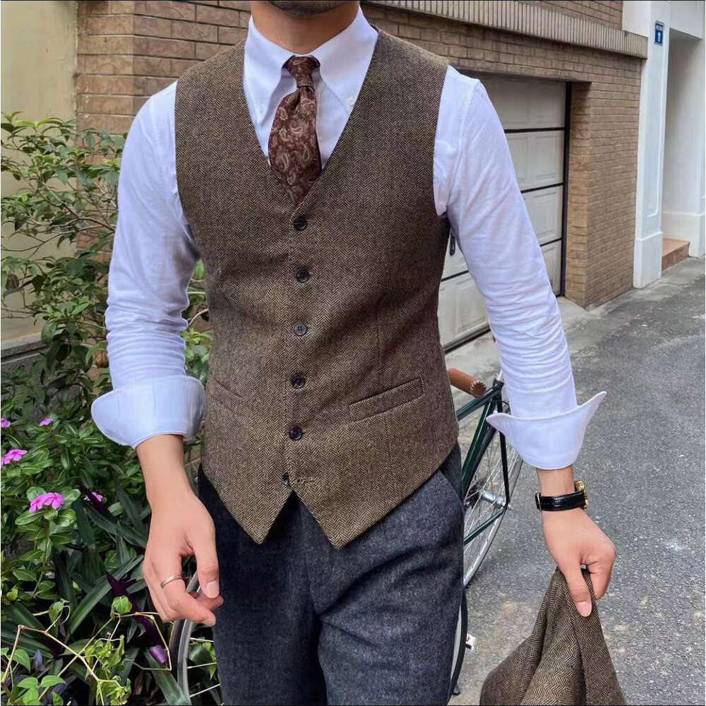 Herringbone V-neck Men's Business Slim Gentleman Casual Vest Formal Wedding Jacket