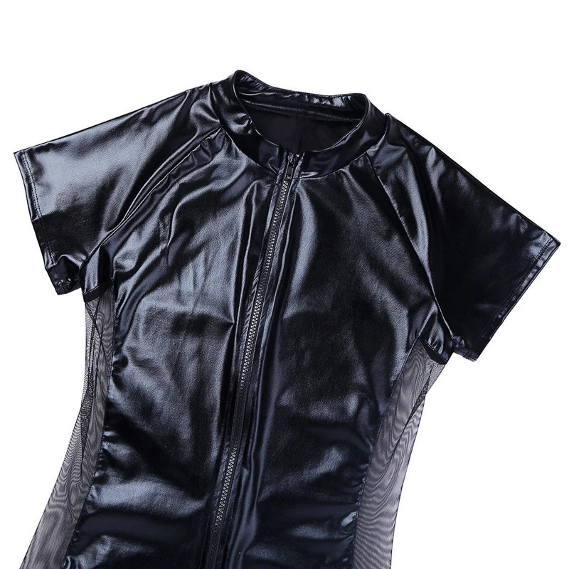 Black Wetlook Latex Catsuit Leather Man Jumpsuits S-3XL Stretch PVC Mesh Bodysuits Sexy Clubwear Men Open Crotch Vinyl Body Suit 231226