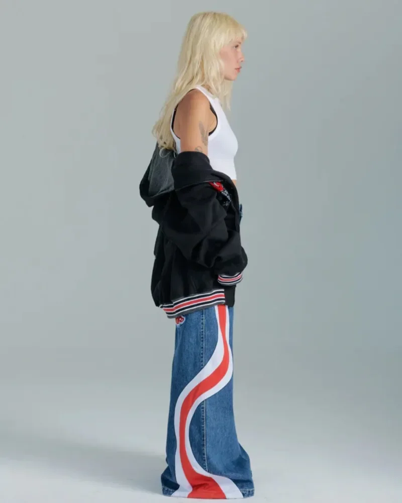 Women's Jeans JNCO Y2K Womens Stripe Hypnotic Patterns Baggy Denim Pants Haruku Hip Hop High Waisted Wide Leg Trouser Streetwear