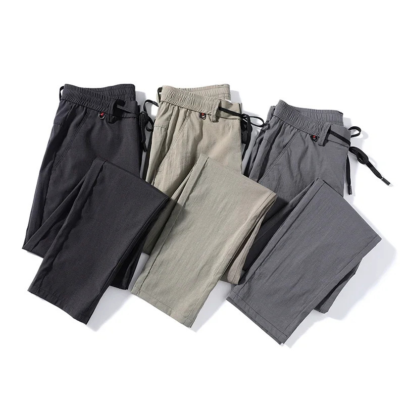 Korean Style Men Casual Pants Thin Summer Regular Fit Cargo Pants Elastic Waist Black Pants Fashion Gray Black Khaki 883 231226
