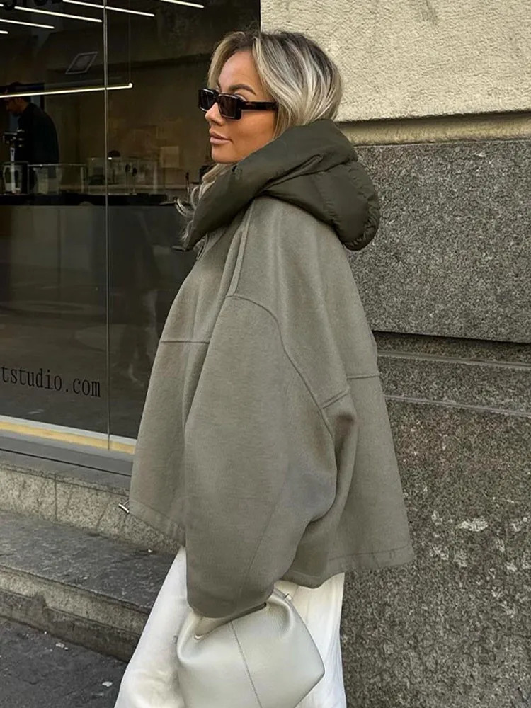 Oversized Zipper Hooded Jacket Women Fashion Thicken Patchwork Long Sleeved Coats Autumn Winter Loose Warm Street Outerwear