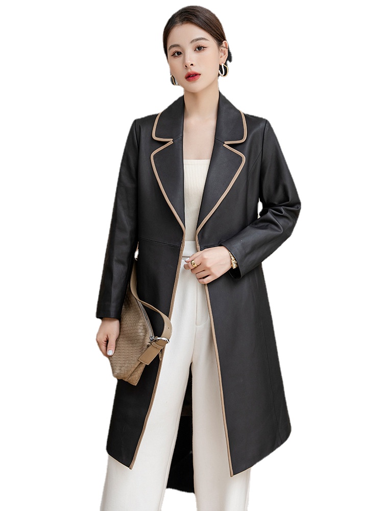 248M56 LOW Key Hobo Autumn and Winter Womens Sheepskin Long Coat Lace Up Windbreaker Genuine Leather Coat Mid Length