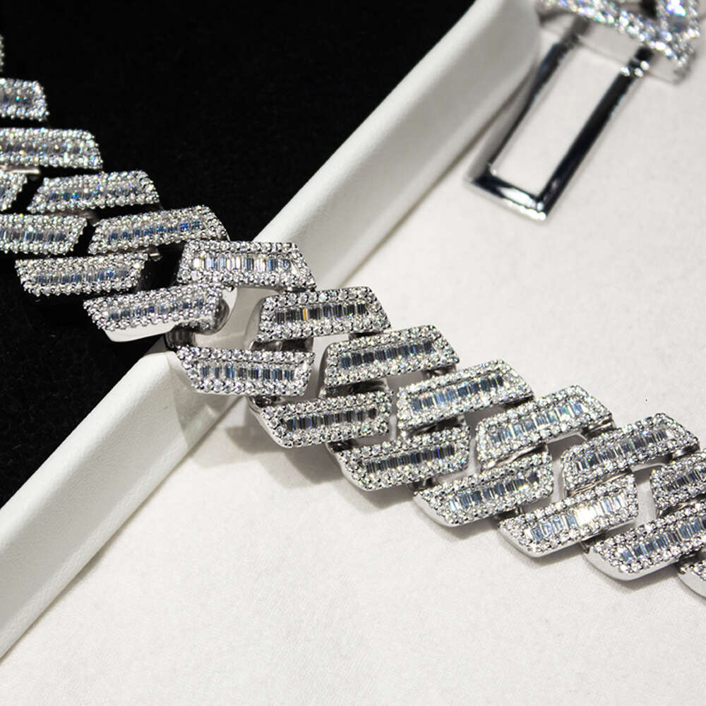 Hip Hop Men Luxury Cuban Chain 20mm Width Baguette Three-row Moissanite Miami Full Iced Out Cuban Link Chain Necklace