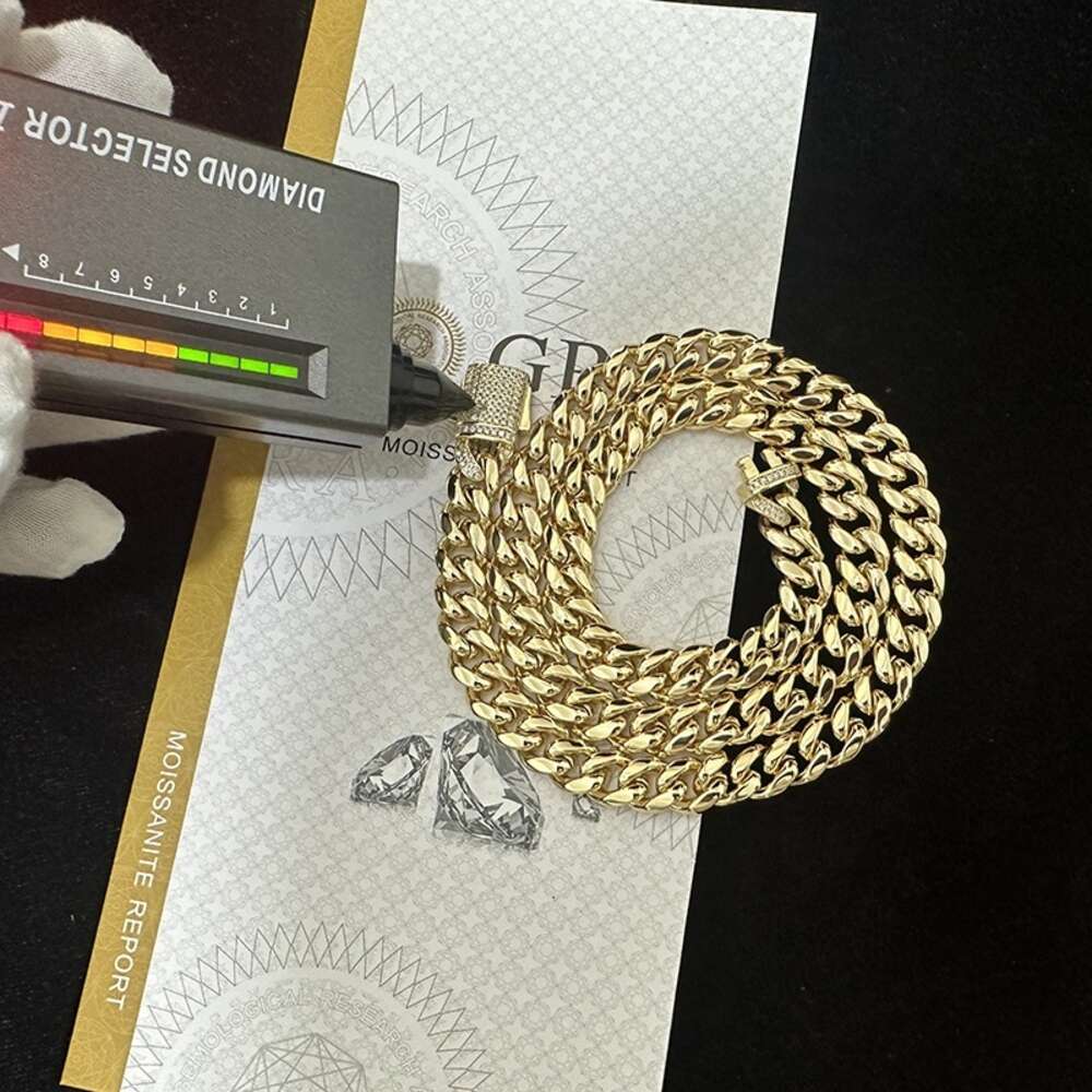 10mm 12mm Iced Out Vvs Moissanite S925 Sterling Silver Miami Cuban Link Chain 14k Plated Gold Men Hiphop Necklace