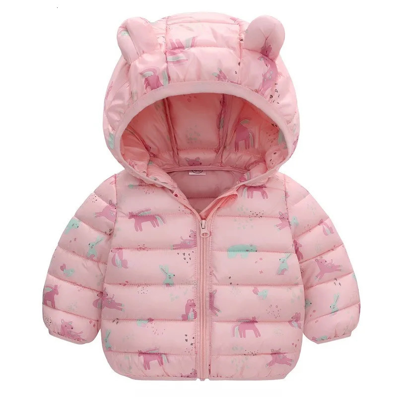Children Boys Baby Hooded Lightweight Down Jackets Warm Outerwear Autumn Kids Girls Coats Cartoon Dinosaur Print Casual Clothing 231226