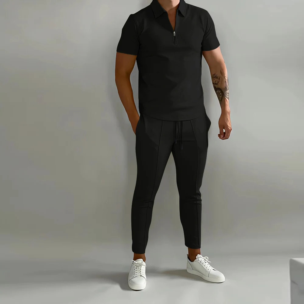 Solid Color Mens Short Sleeve Polo Shirt Suit Summer Casual Calf Streetwear Male Tracksuit Pants 2-piece Set 231226