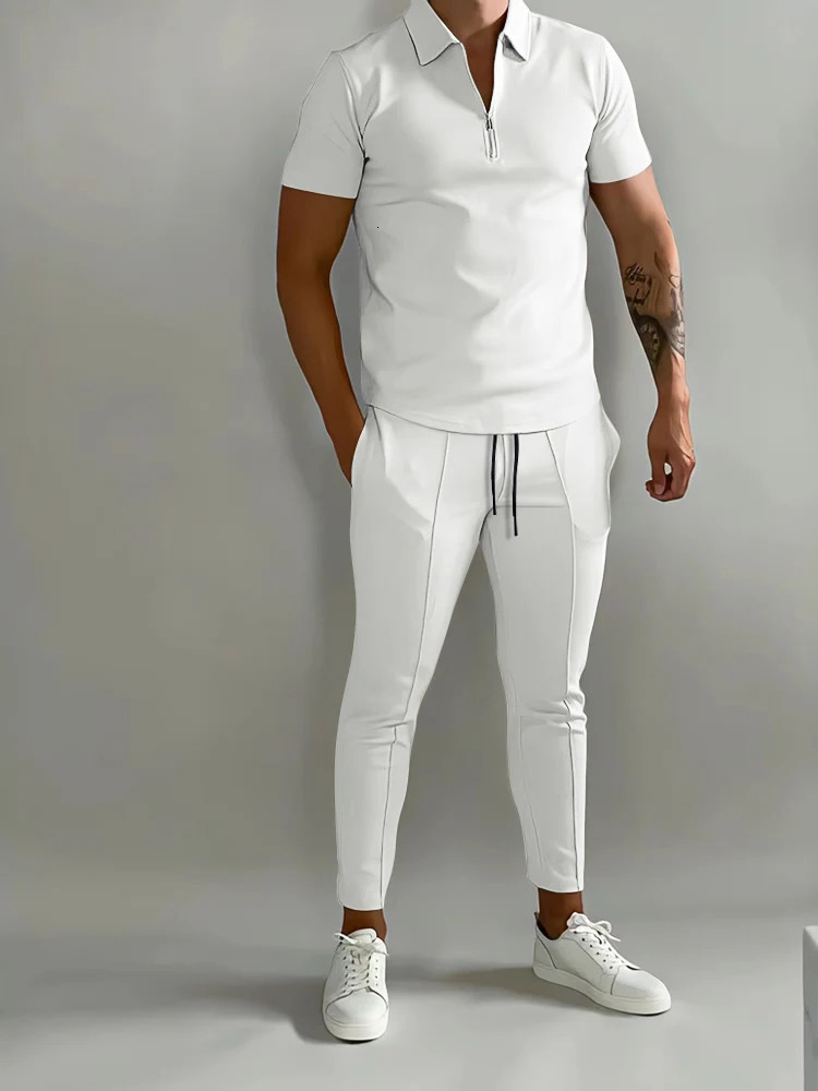 Solid Color Mens Short Sleeve Polo Shirt Suit Summer Casual Calf Streetwear Male Tracksuit Pants 2-piece Set 231226