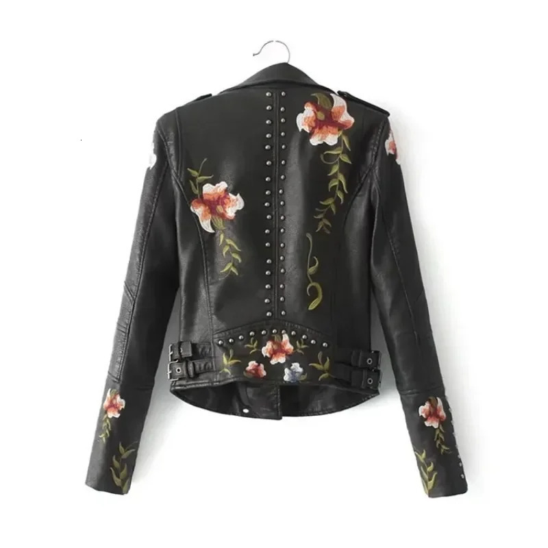 Embroidery faux leather PU Jacket Women Spring Autumn Fashion Motorcycle Jacket Black faux leather coats Outerwear Coat 231226