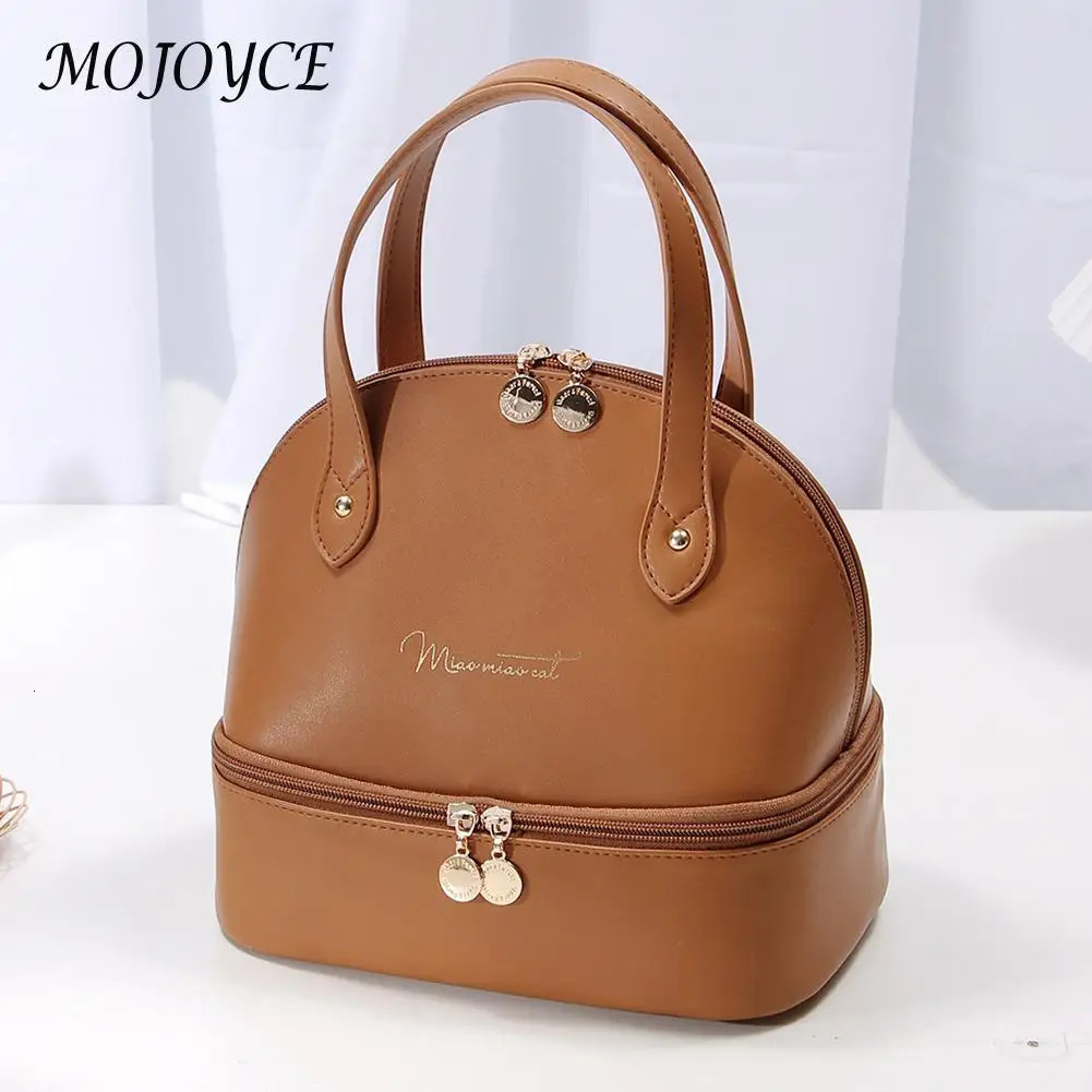 Ladies Food Handbag Case Large Capacity PU Leather Lunch Box Container Double Layer Meal Prep Bag for Travel Work School Picnic 231226