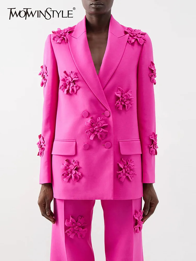 TWOTWINSTYLE Temperament Loose Coats For Women Notched Long Sleeve Double Breasted Patchwork Appliques Solid Blazers Female 2023 231227