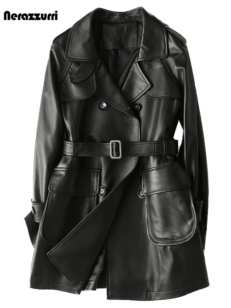 Nerazzurri Spring Autumn Black Leather Jacket Women Raglan Sleeve Belt Double Breasted Faux Leather Cargo Jackets 5xl 6xl 7xl 231226
