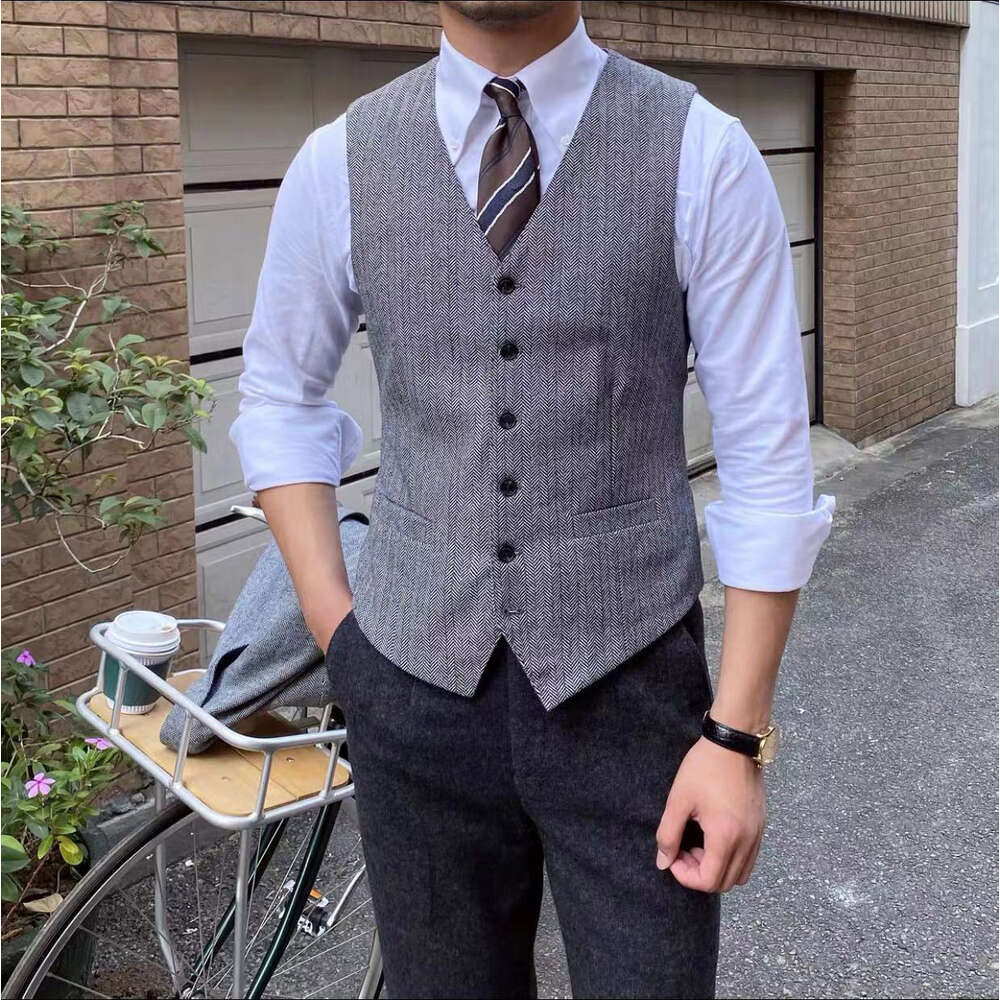Herringbone V-neck Men's Business Slim Gentleman Casual Vest Formal Wedding Jacket