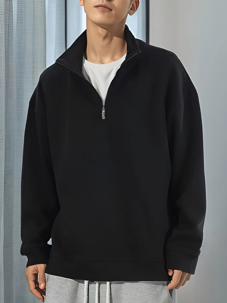 2023 Autumn Hoodies Men Korean Fashion 320G Heavy Cotton Long Sleeved Half Zip Up Sweatshirts 231227