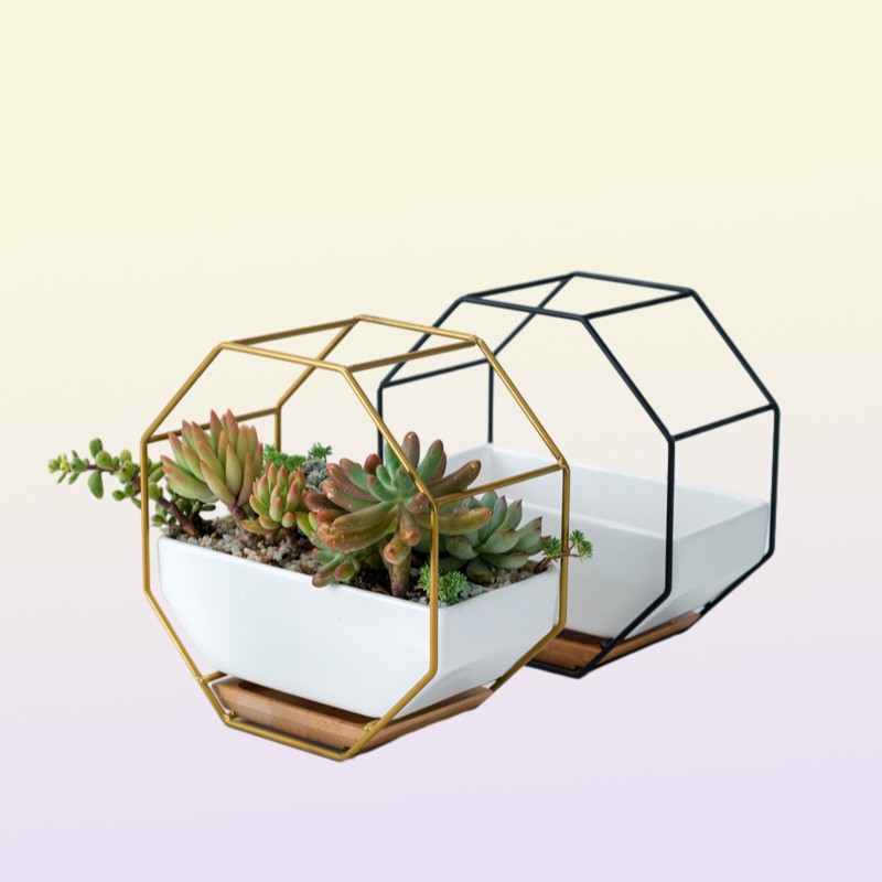 Hanging Succulent Flower Pots Ceramic Flowerpots Stand Holder Black Gold Iron Rack Bamboo Tray Desktop Geometric Cactus Planter Y28145728
