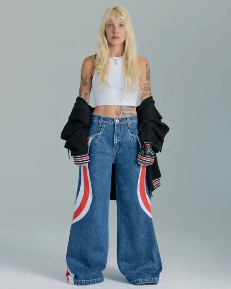 Women's Jeans JNCO Y2K Womens Stripe Hypnotic Patterns Baggy Denim Pants Haruku Hip Hop High Waisted Wide Leg Trouser Streetwear