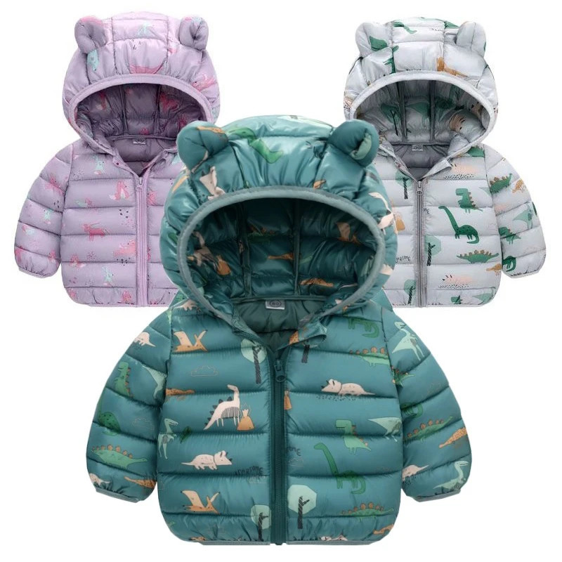 Children Boys Baby Hooded Lightweight Down Jackets Warm Outerwear Autumn Kids Girls Coats Cartoon Dinosaur Print Casual Clothing 231226
