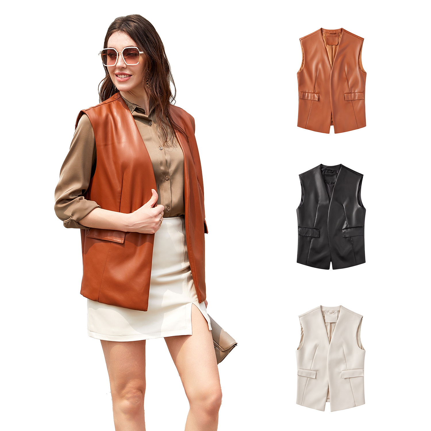 NF Patina Levels European and American Women's Tank Tops Sleeveless PU Faux Leather Vest Loose Oversized Cardigan Short Large Size Coat