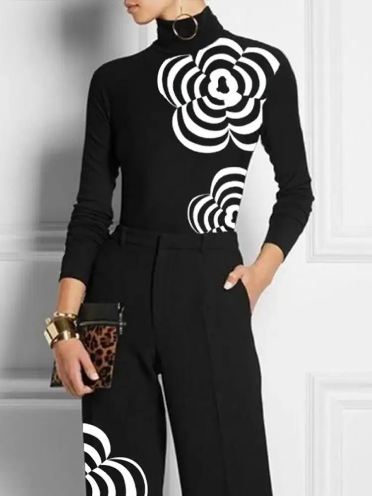 Yeezzi Women Fashion Flower Print High Neck Zipper Skinny T Shirts 2023 Spring Autumn Long Sleeves Casual Basic Black Tops 231227