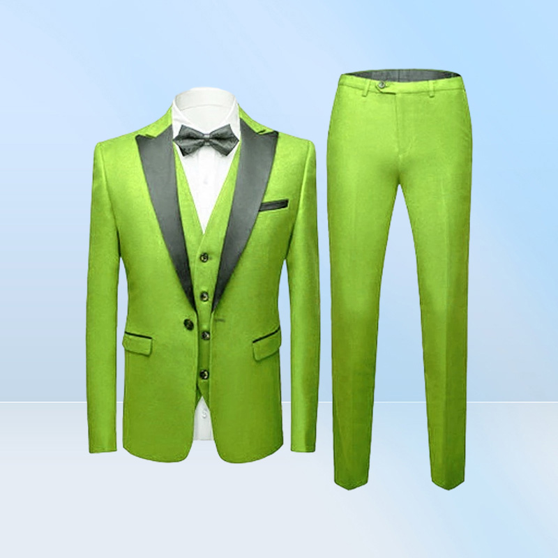 Custom Made Groomsmen Lime Green Groom Tuxedos Peak Black Lapel Men Suits Wedding Man Blazer