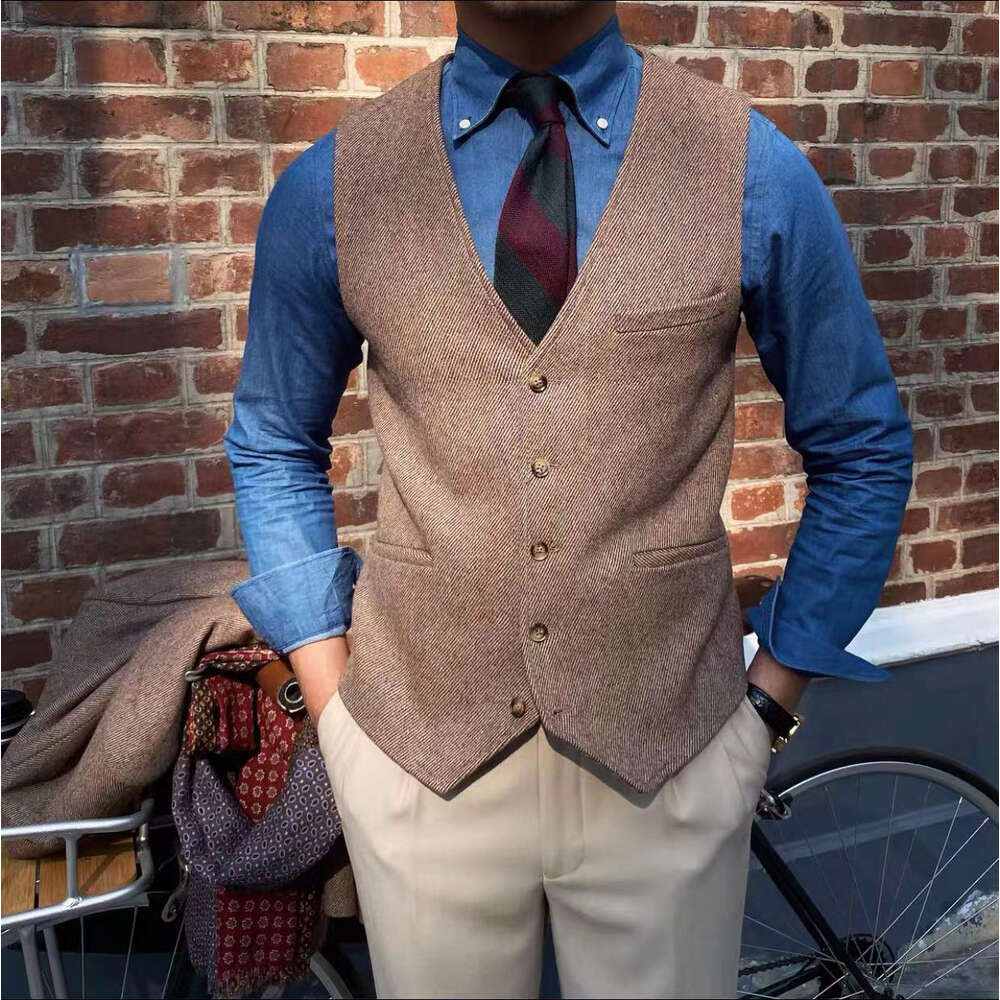 Herringbone V-neck Men's Business Slim Gentleman Casual Vest Formal Wedding Jacket