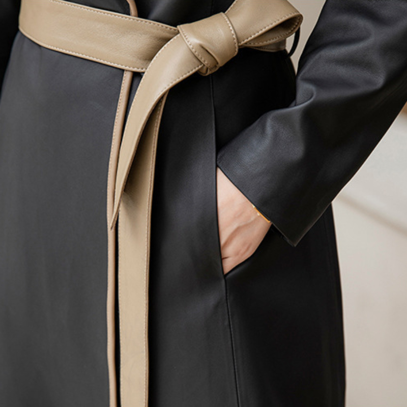 248M56 LOW Key Hobo Autumn and Winter Womens Sheepskin Long Coat Lace Up Windbreaker Genuine Leather Coat Mid Length