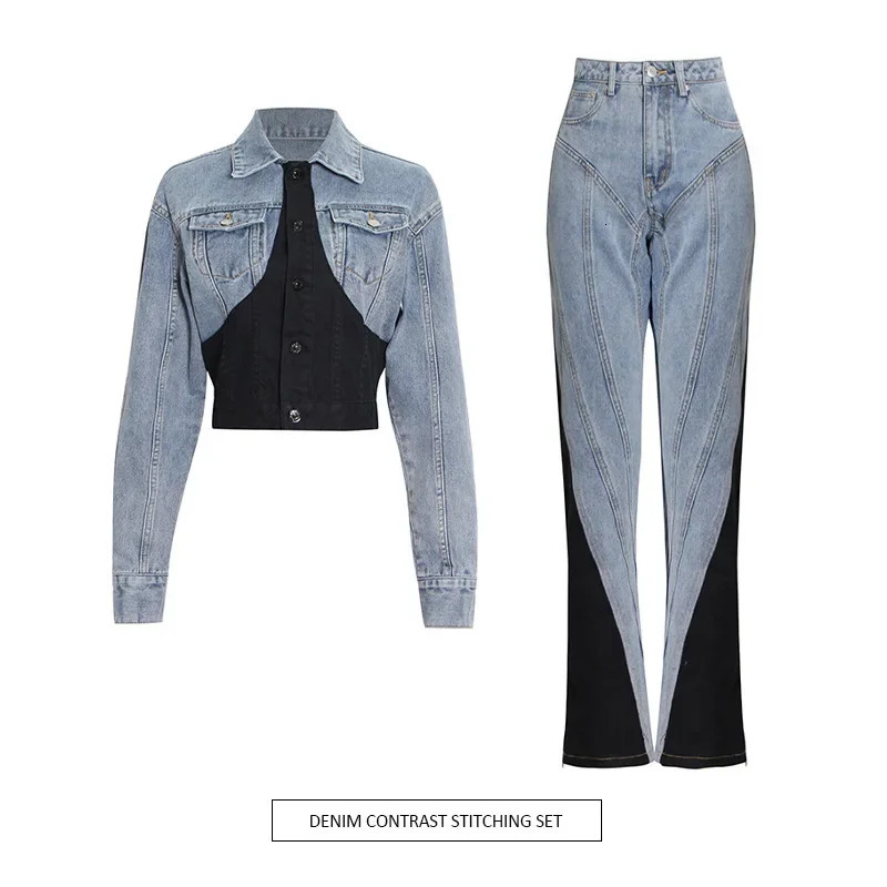 Korean Version Niche Style Two-Piece Set Black And White Patchwork Short Denim ShirtHigh Waisted Straight Leg Pants 231226