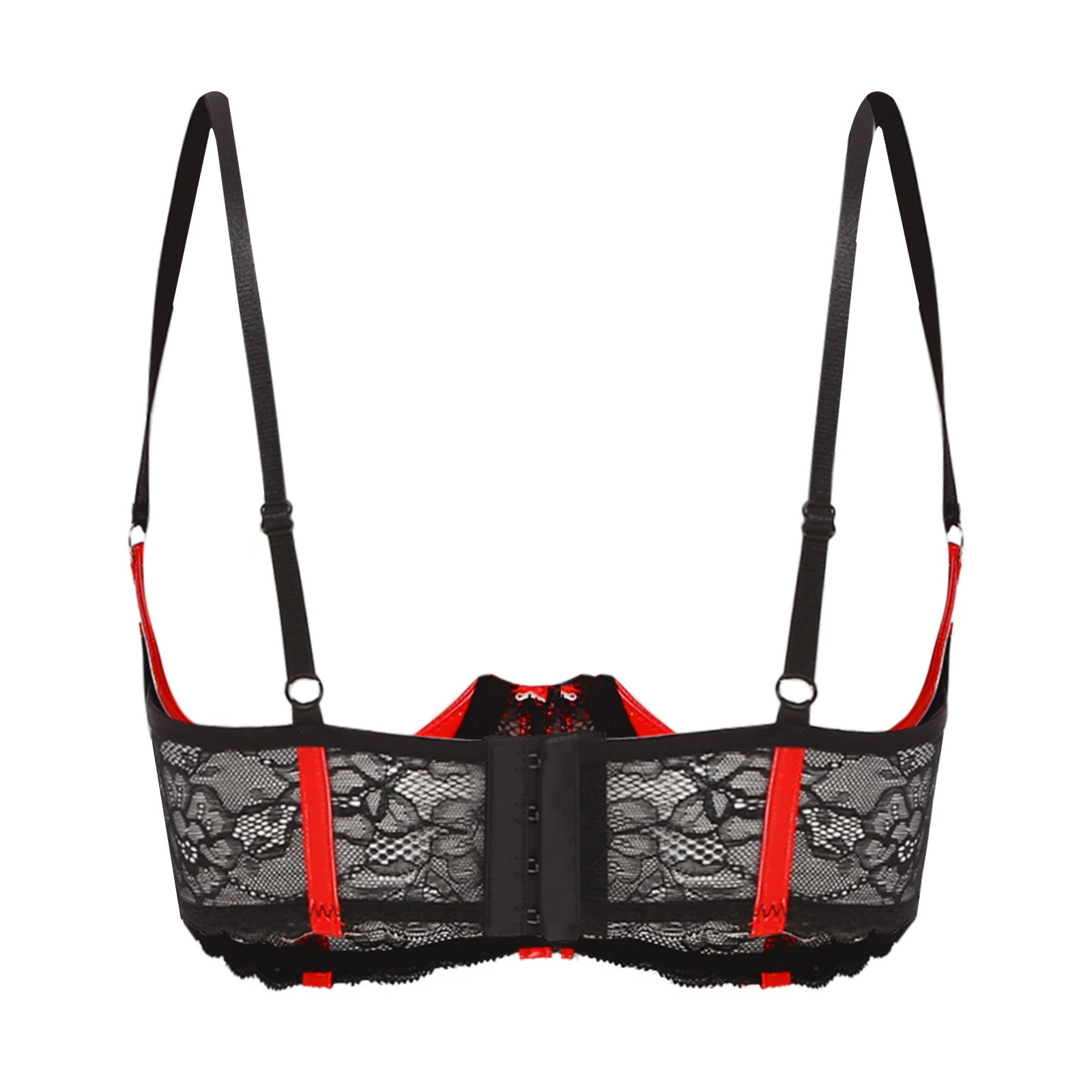Women Open Cup Bra Wetlook Patent Leather Underwired Bra Adjustable Floral Lace Sexy Half Cup Bra Brassiere Erotic Lingerie 231226