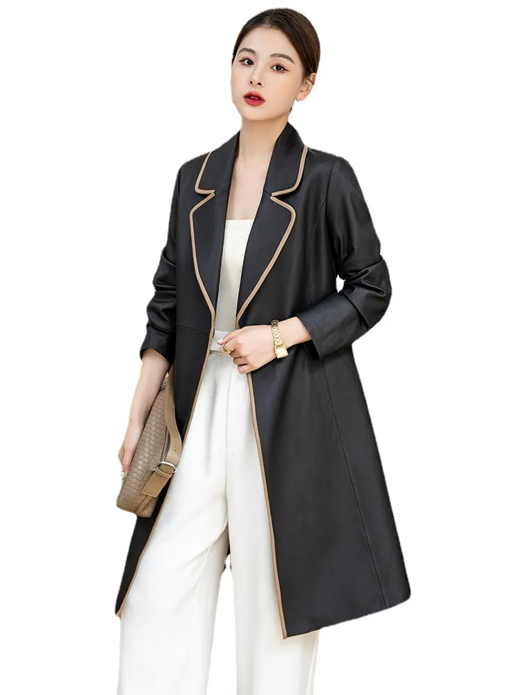 248M56 LOW Key Hobo Autumn and Winter Womens Sheepskin Long Coat Lace Up Windbreaker Genuine Leather Coat Mid Length