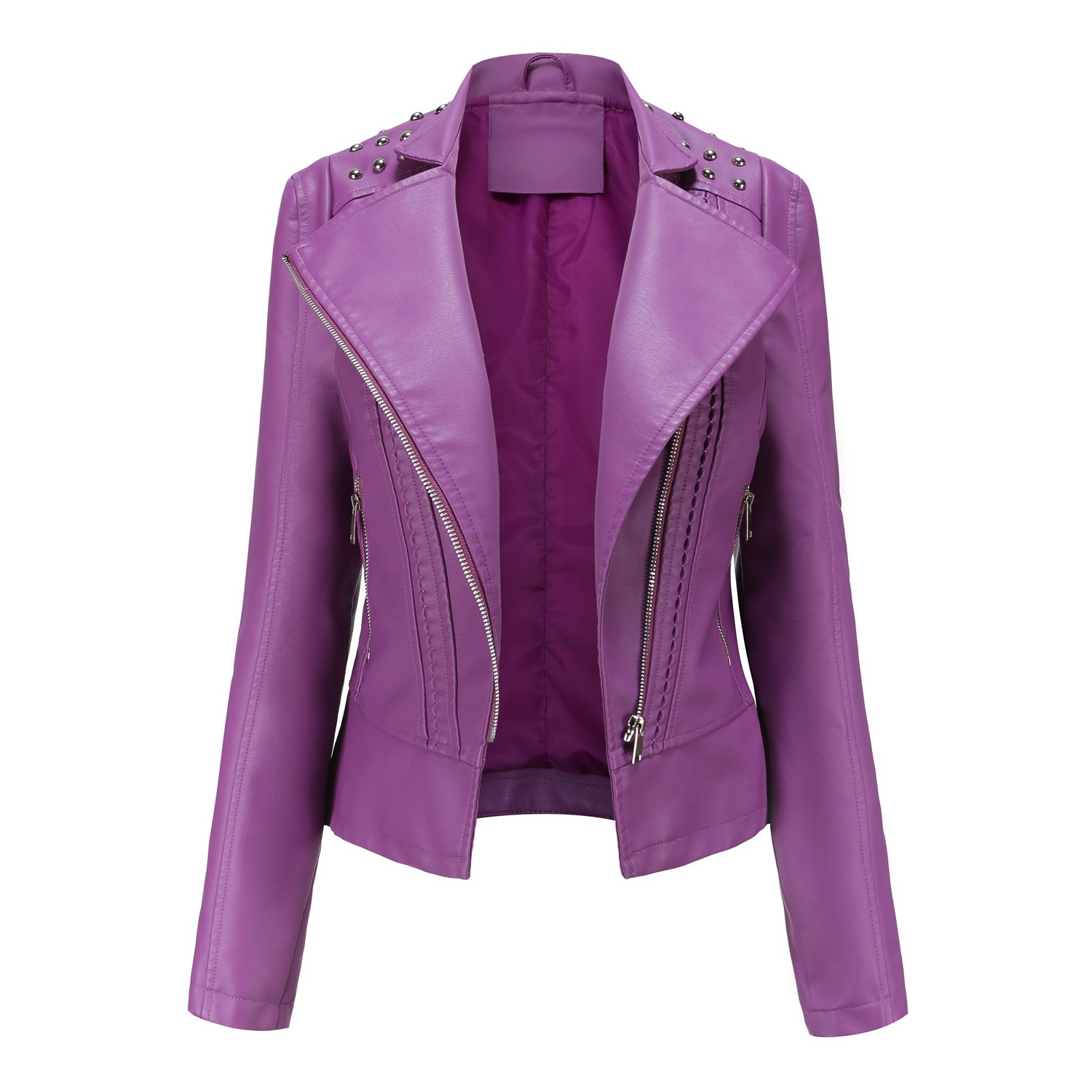 0C 469M80 New Sp33dy B Women's Beaded Leather Jacket Long Sleeved Fashionable Coats Flip Collar Motorcycle Suit Slim Edition