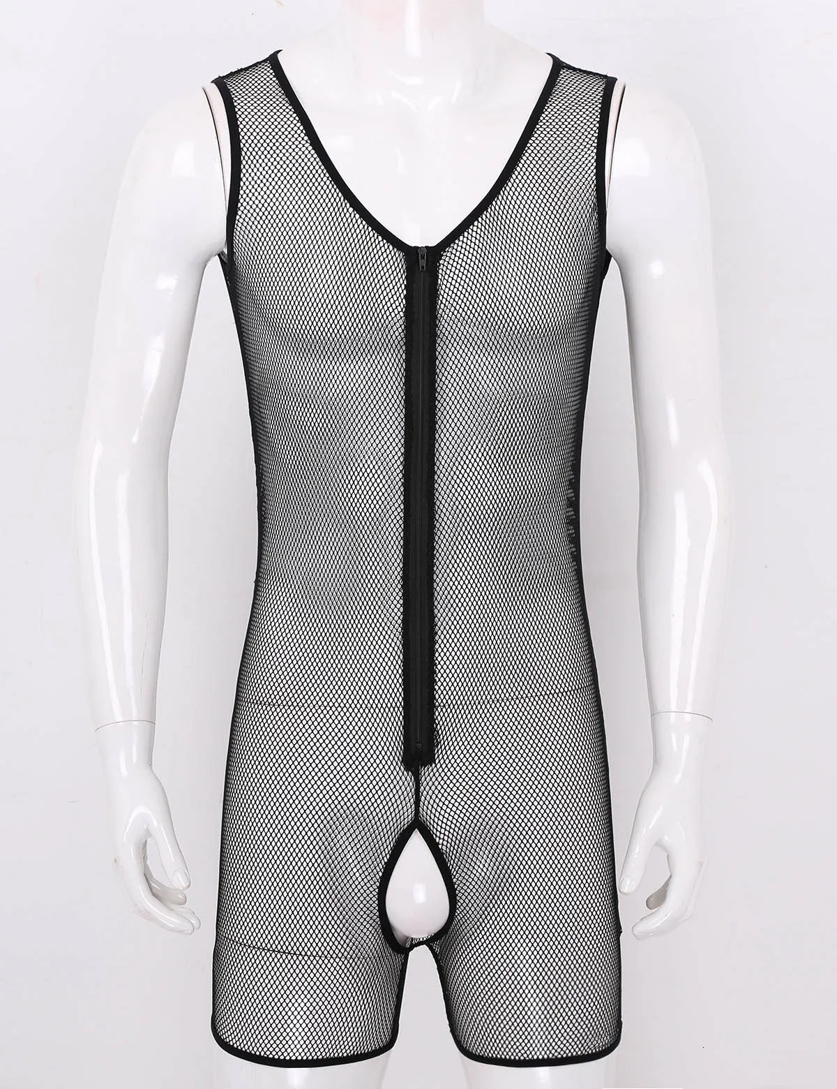Sexy Lingerie See Through for Mens Open Crotch Fishnet Bodysuit Porno Hollow Out Sissy Leotard Body Suit Sleeveless Bodysuit 231226