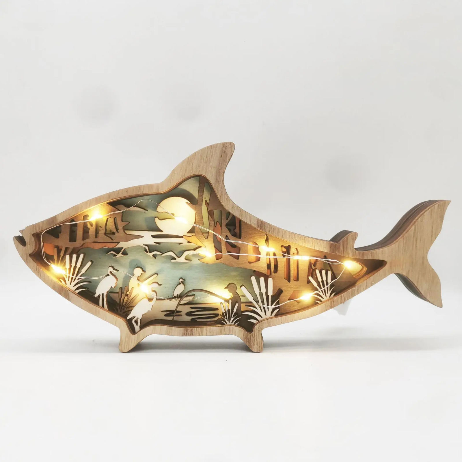 Marine Animal Wooden Handicraft Creative Wind Carving Fish Table Decoration With Light 3D In Home Room 231226