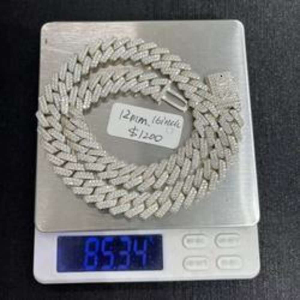 Moissanite Jewelry 925 Silver Vvs Moissanite 12mm Cuban Chain Necklace