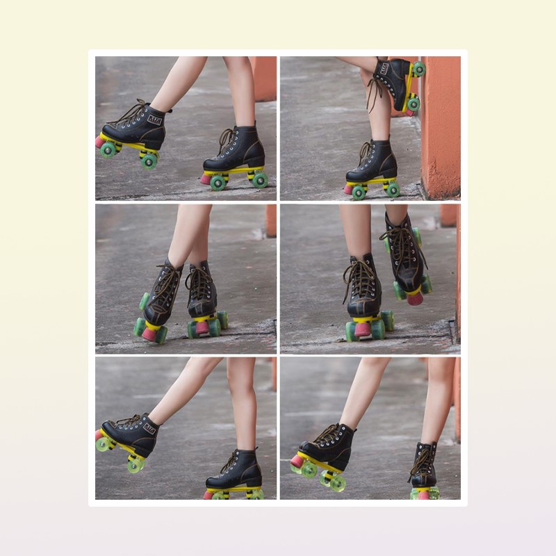 Leather Roller Skates Double Row Ladies Adult Two Rows 4 Rounds Shiny Shoes Inline