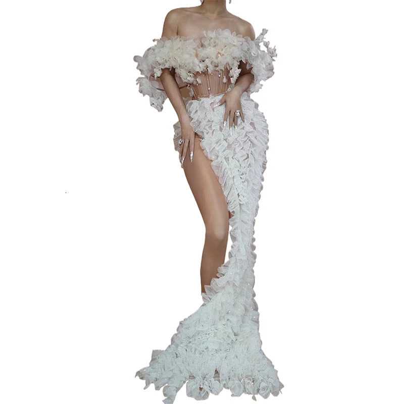 White Wedding Irregular Mesh tube top evening dress singer Drag Queen Club Party Birthday Special Ocassion Sexy costume rave 231227