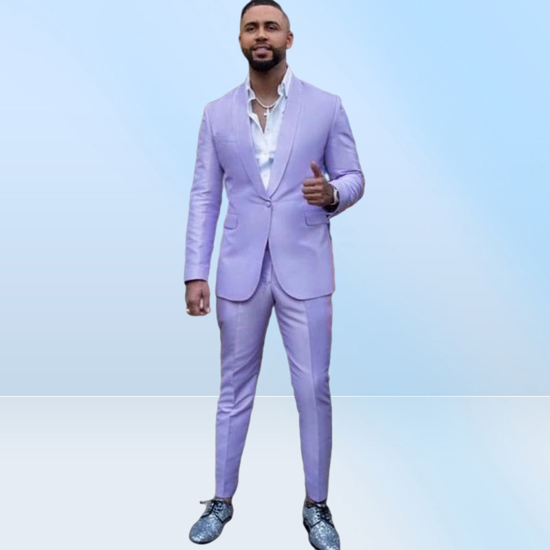 Lavender Men Suits 2 Piece Shawl Lapel One Button Fashion Prom Suits Slim Fit Blazer Jacket Tuxedos Groom Wedding Wear Coat P