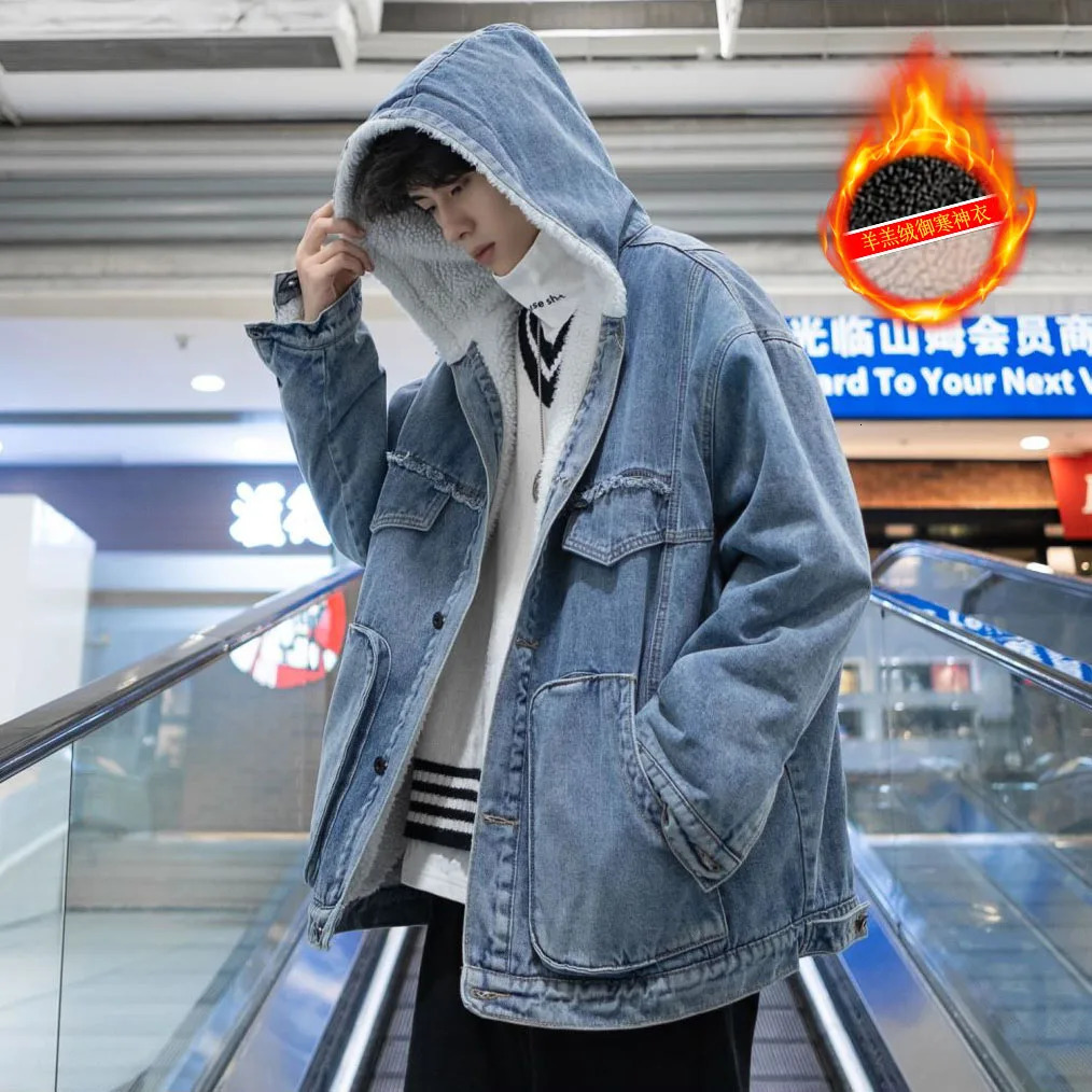 Men Winter Fleece Hooded Jean Jackets Blue Cowboy Outerwear Thick Warm Denim Coats Big Pockets Jacket Plus Size 4XLS 231227
