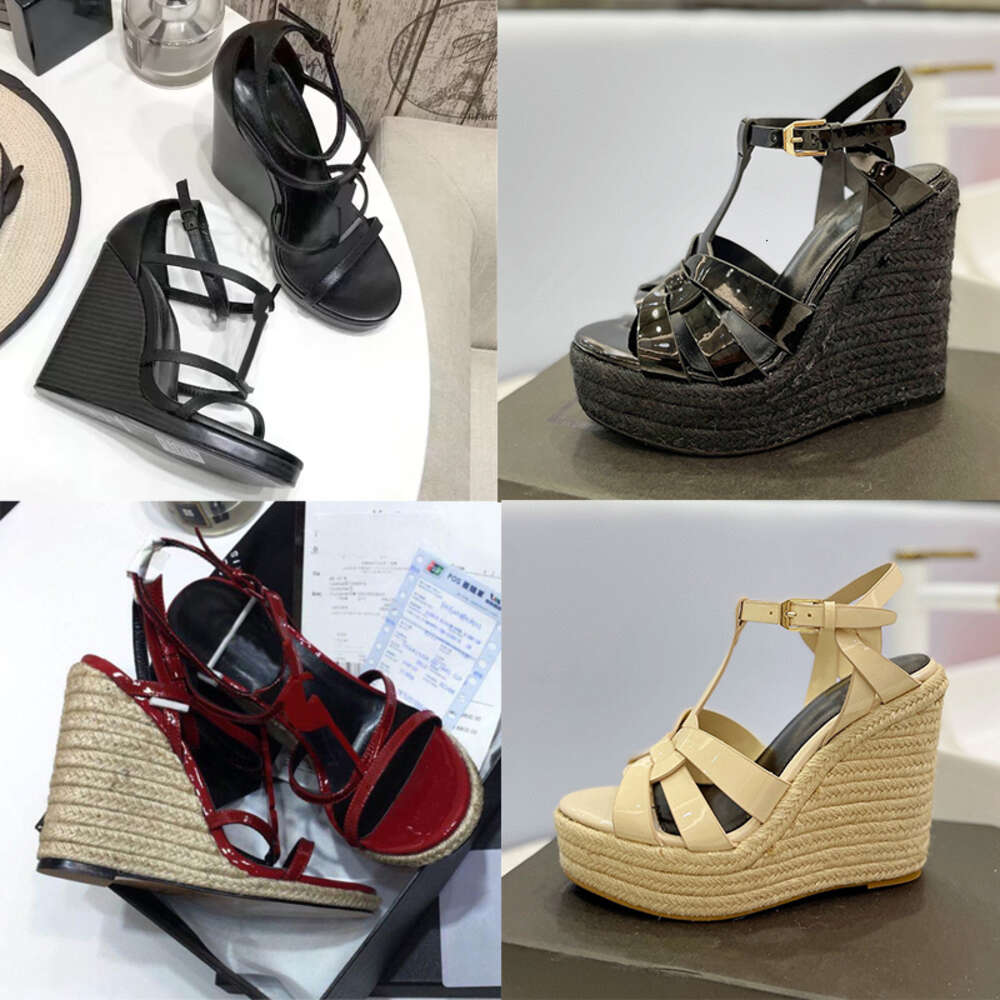 designer sandals heels espadrilles wedge shoes leather heel wedding dress shoes women black 10.5 cm heel adjustable buckle with box no325