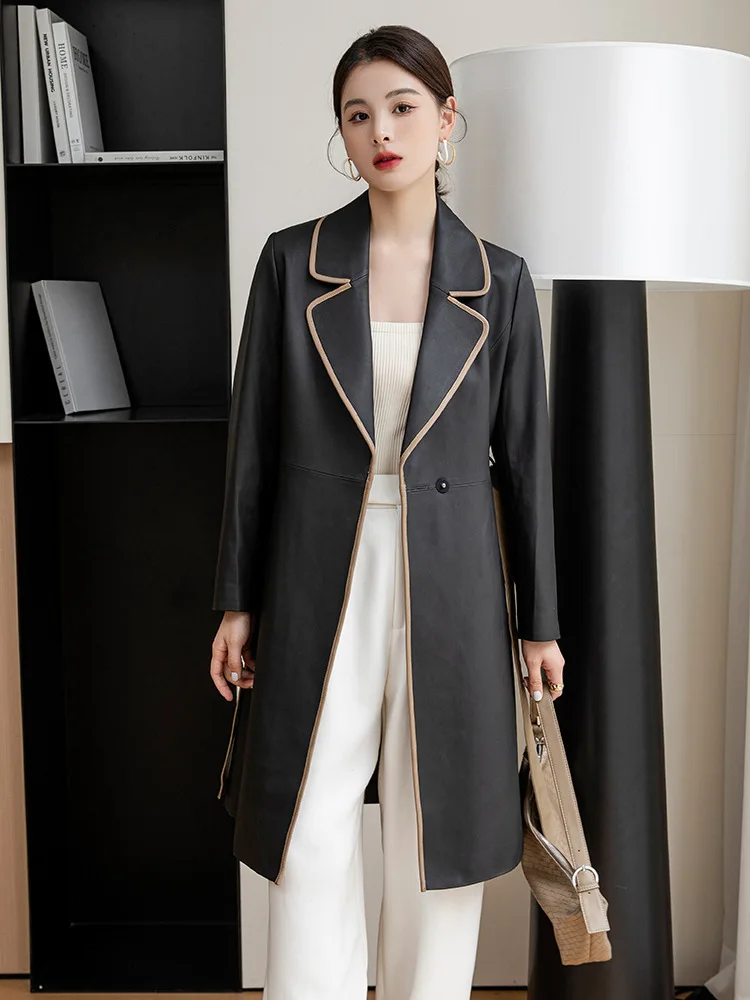 248M56 LOW Key Hobo Autumn and Winter Womens Sheepskin Long Coat Lace Up Windbreaker Genuine Leather Coat Mid Length