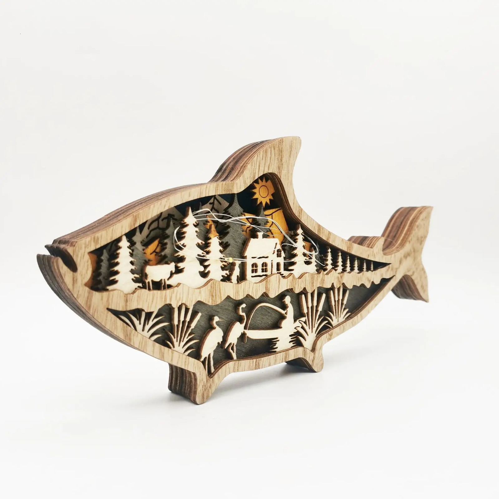 Marine Animal Wooden Handicraft Creative Wind Carving Fish Table Decoration With Light 3D In Home Room 231226