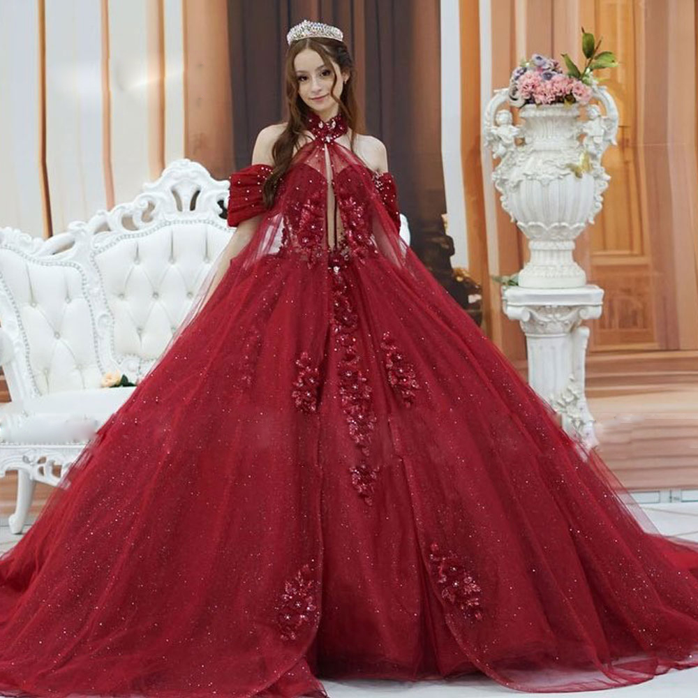 Newest Quinceanera Dresses 2024 Off the Shoulder Ball Gown Sweet 15 Dress with Cape 3D Flower Appliques Junior Birthday Party Gown