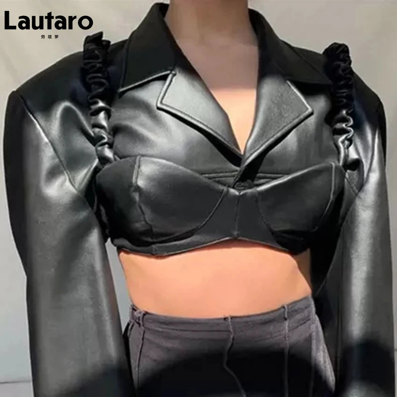 Lautaro Spring Autumn Short Black Light Faux Leather Jacket Women Long Sleeve Lapel Runway Stylish Sexy Fashion Cropped Top 231226
