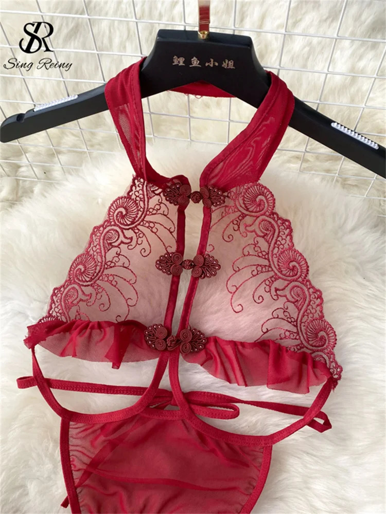 SINGREINY Female Sleevless Halter Playsuits Lace Sheer Open crotch Lingerie Rompers Women Erotic Hollow Out Sexy Bodysuits 231226