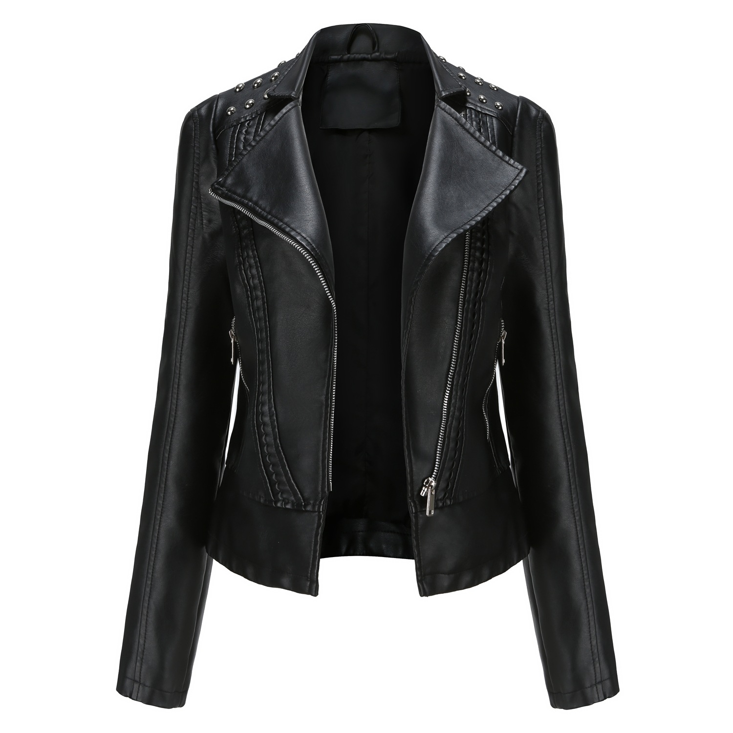 0C 469M80 New Sp33dy B Women's Beaded Leather Jacket Long Sleeved Fashionable Coats Flip Collar Motorcycle Suit Slim Edition