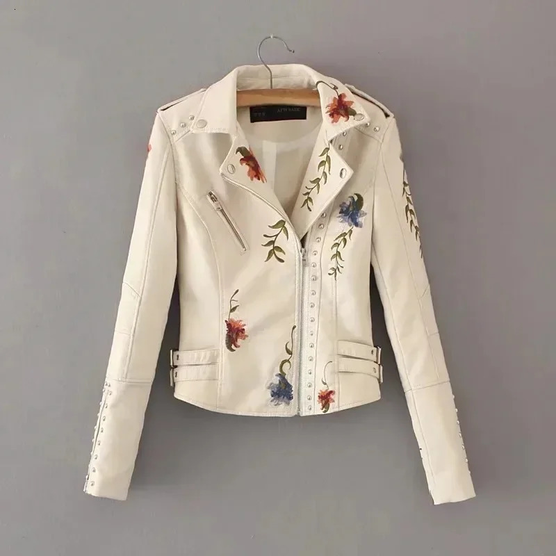 Embroidery faux leather PU Jacket Women Spring Autumn Fashion Motorcycle Jacket Black faux leather coats Outerwear Coat 231226